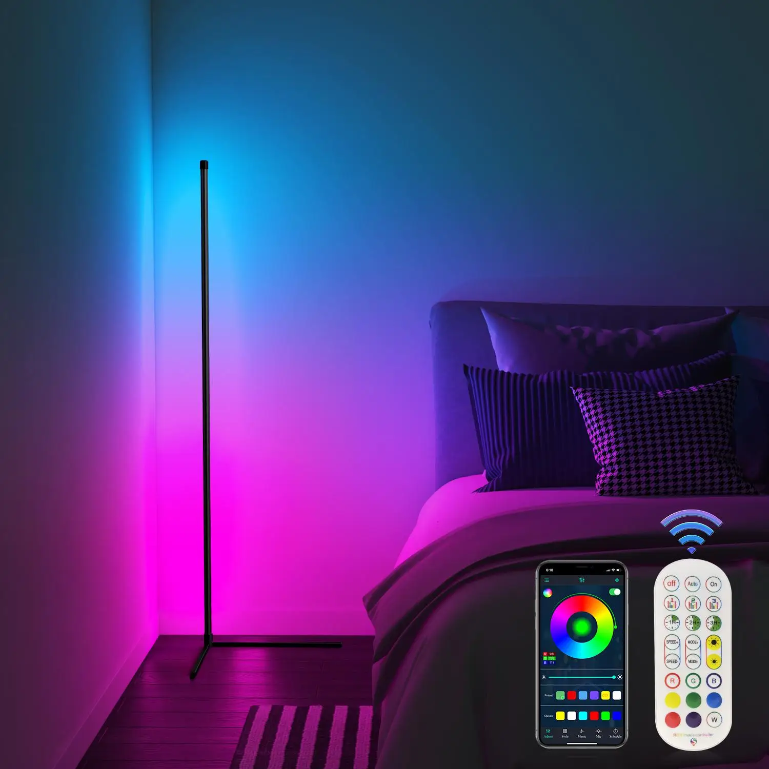 USB Powered LED Floor Lamp, RGB Color Changing LED Light with APP & Remote Control, Bluetooth-compatible Music Sync Ambient Lights For Home Gaming Roo