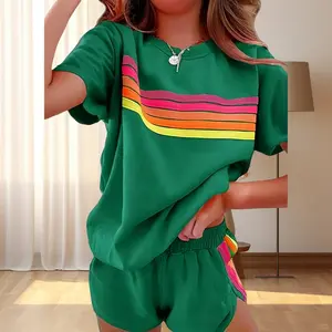 Y2K Aesthetic Rainbow Stripe Set | Oversized Rainbow Stripe Active Set | Vibrant Rainbow Stripe Loungewear Set | Casual Short Sleeve Co-ord | Outfits Curvy