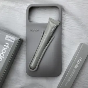 Rhode Toast Ribbon Gray Lip Gloss Holder Case for iPhone 17 16 15 14 13 Cute Silicone Shockproof Protective Phone Cover