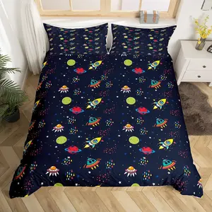 Twin 3D Print Galaxy Theme Bedding Set - Polyester Fiber, Machine Washable Outer Space Comforter, Universe Planet Rocket Spaceship Duvet, Vibrant Prints Luxury Room Bedspread