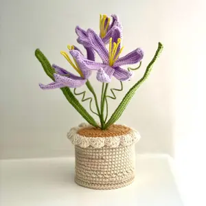 Handmade Crochet Purple Lily Flower in Pot/ Knitted Amigurumi Flower Arrangement, Housewarming Gift,Unique Home and Desk Decor