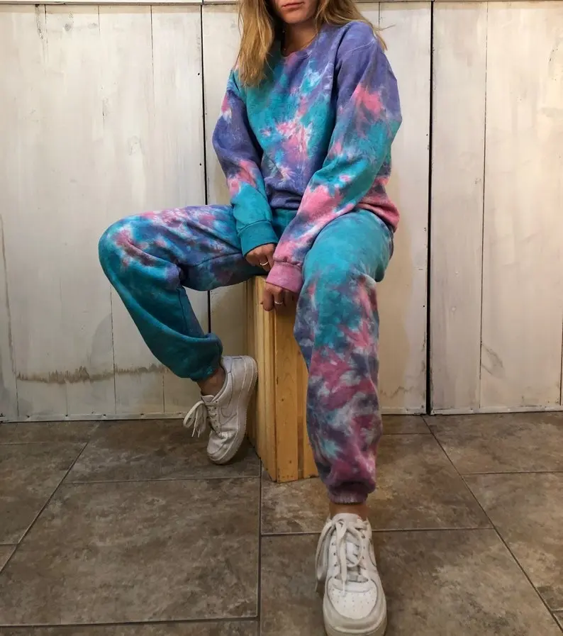 Tie-Dye Sweatsuit Set - Jewel loungewear - Crew Neck Tie-Dye Sweatshirt + Drawstring Tie-Dye joggers Sweatpants - Pajamas, Pajama set