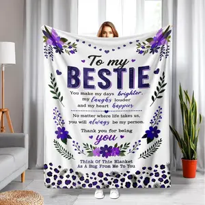 To My Bestie Purple Floral Sentimental Throw Blanket - White Background Elegant Purple Flower Green Leaf Print Blanket,Cozy Soft Blanket with Heartfelt BFF Friendship Letter & Polka‑Dot Border, Perfect Sentimental Gift for Best Friend & Soul Sister