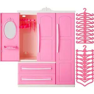 Dollhouse Open Closet Wardrobe Clothing Organizer for Doll with 20 Pieces 2 Style Pink Plastic Hangers Dollhouse Furniture Accessories Classic Style