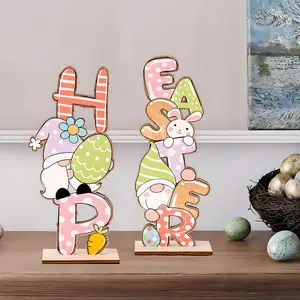 2pcs Wooden Easter Decorations for Rustic Table Decor, Spring Dwarf and Rabbit Design, Perfect Home and Party Decor, Vintage Plaque Decor