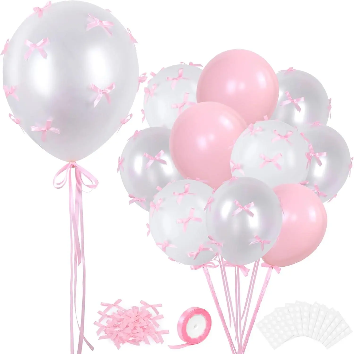 Bow Balloons, 32 count 18" 12"  Balloons & 100 count Mini  Ribbon Bows, DIY Bow Balloons for Bow Birthday  Shower Decorations, Tying The Knot Bridal Shower Bachelorette Decor