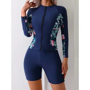 Women One Piece Swimsuit with Sports Zipper Print Tummy Control Slimming Workout Beachwear