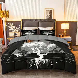 3pcs (1 comforter + 2 pillowcases) All - Season Bedding Set, Soft & Cozy, Hypoallergenic, Wrinkle - Resistant, Easy - Care, Queen/King/Full Size, Gothic - Inspired Raven & Geometric Pattern, Durable Fabric for Bedroom, Guest Room, Home & Dorm