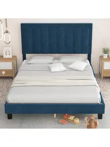 Blue King size bed  Bed Frame With Buttoned Linen Headboard, Modern Upholstered Platform Bed With Heavy Duty Base And Wood Slat Support, No Box Spring Required, No Noise, Easy To Assemble, Blue