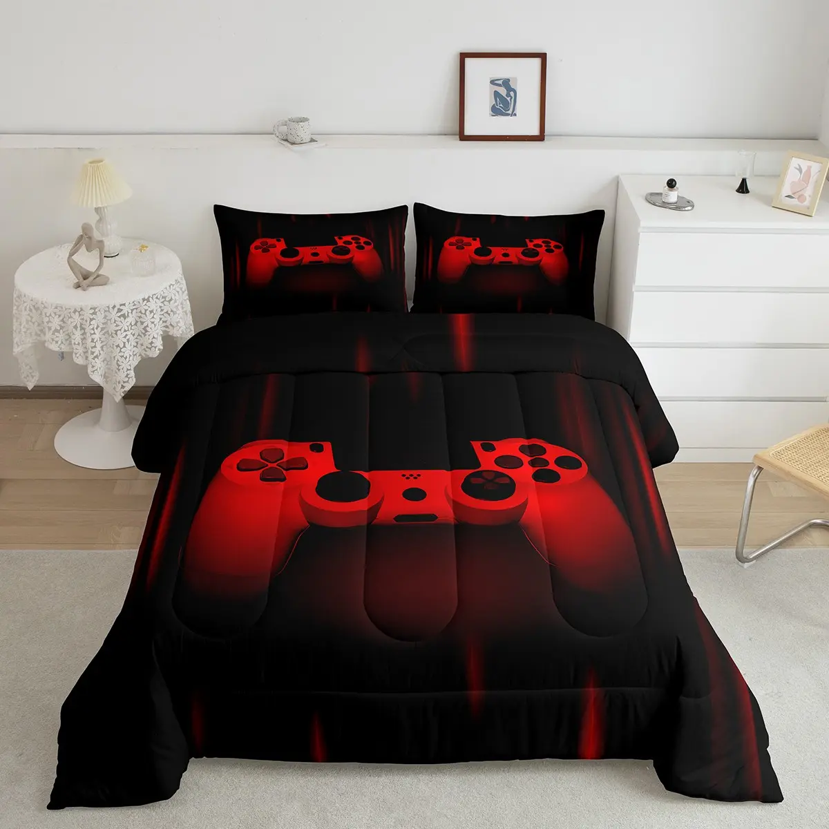 Feelyou King Size Gamer Duvet Set - Lightweight Microfiber Geometric Quilted Bedding, Breathable Soft Red Black Room Decor, Video Games Themed Gift