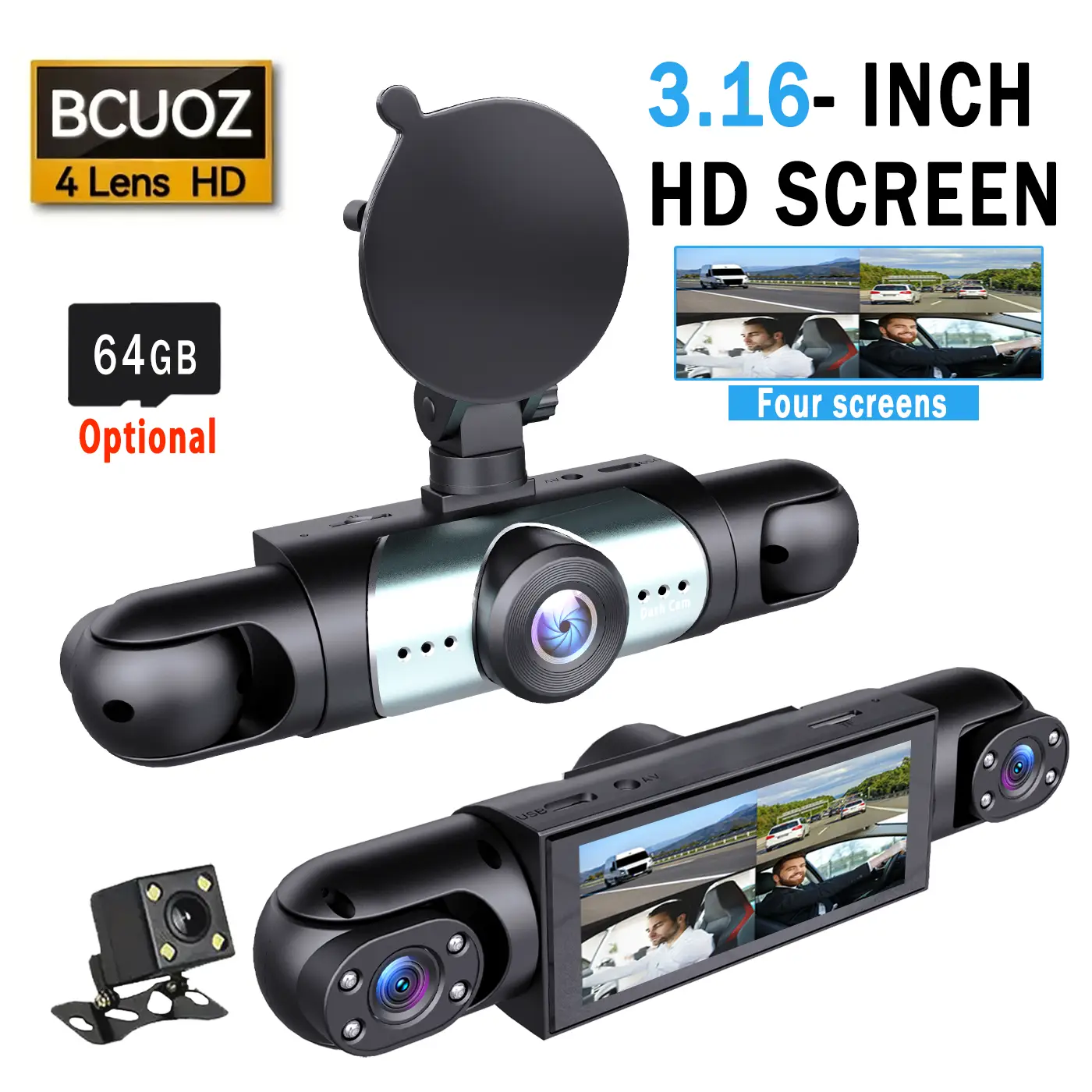 BCUOZ Front Rear Inside Dash Cam with 270° View 4 Channels Night Vision 24/7 Recording Parking Mode Monitor 64GB Optional Free Car Camera