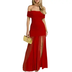 OYS Women's Elegant Off Shouldr Sleeveless Ruched Bodycon High Split Long Party Formal Dress