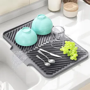 Kitchen Counter Dish Drying Mat with Drainage, Food Grade Silicone, Easy to Clean Surface Protector, Versatile Use in (43 X 34 Cm)
