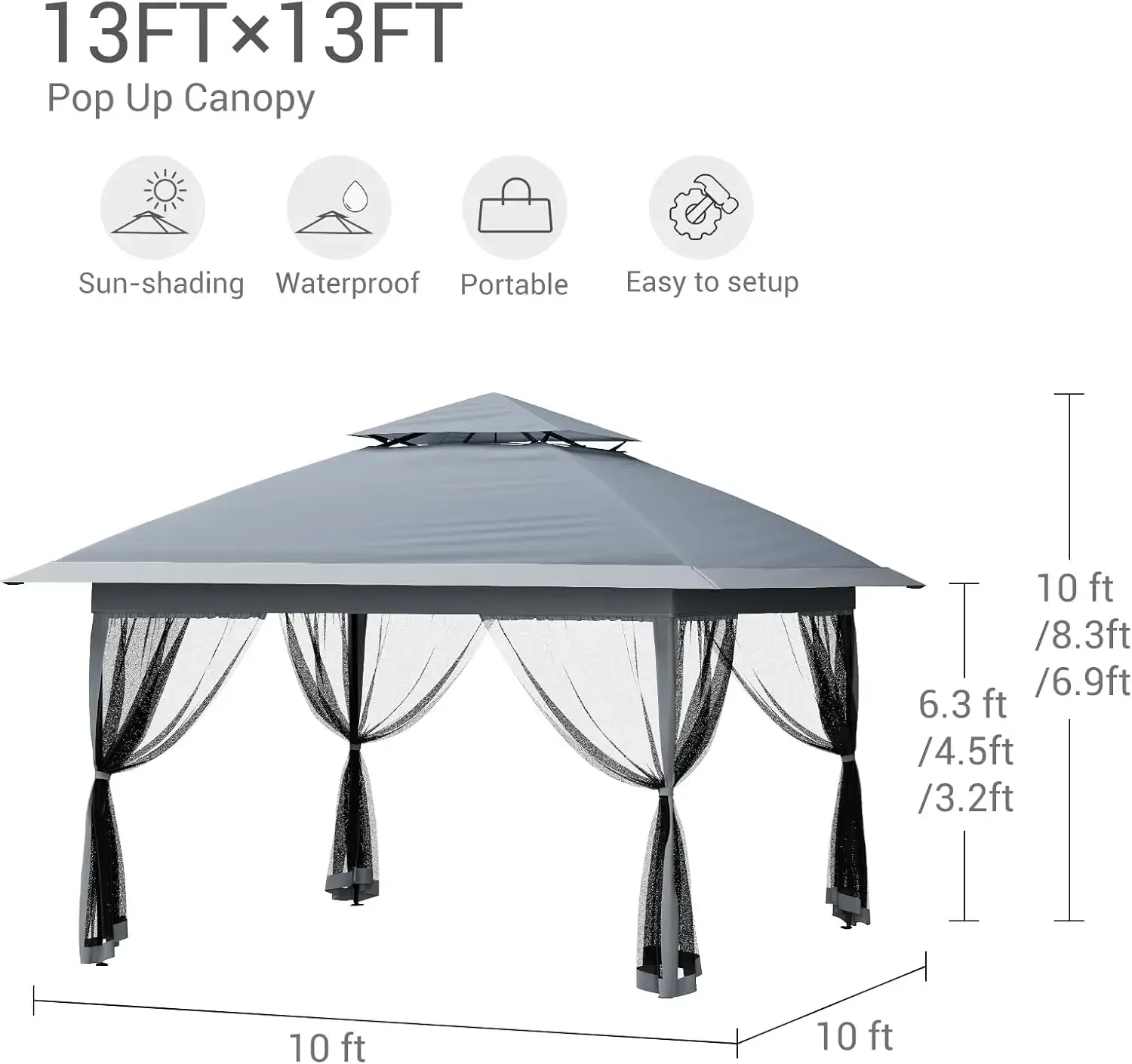 13x13 Pop Up Metal Frame Canopy Tent - Outdoor Corrosion Resistant Steel Frame Shelter with Mesh Netting, Double Vented Roof, Adjustable Heights, Easy Setup, Waterproof Cover for Backyard, Sports, Gardens (Khaki, Dry in Light Rain)