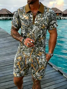 Men's Summer Sports Casual Camo Leaf Trendy Shorts and Top Short Sleeve T-Shirt Set, Fitted Style, Letter Pattern, Ca Prop 65 Compliant
