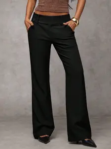 Women's High-Waisted Plain Pocket Elegant Casual Flare Pants, Business Casual Women's Clothing, All Seasons Fitted Trousers, Basic