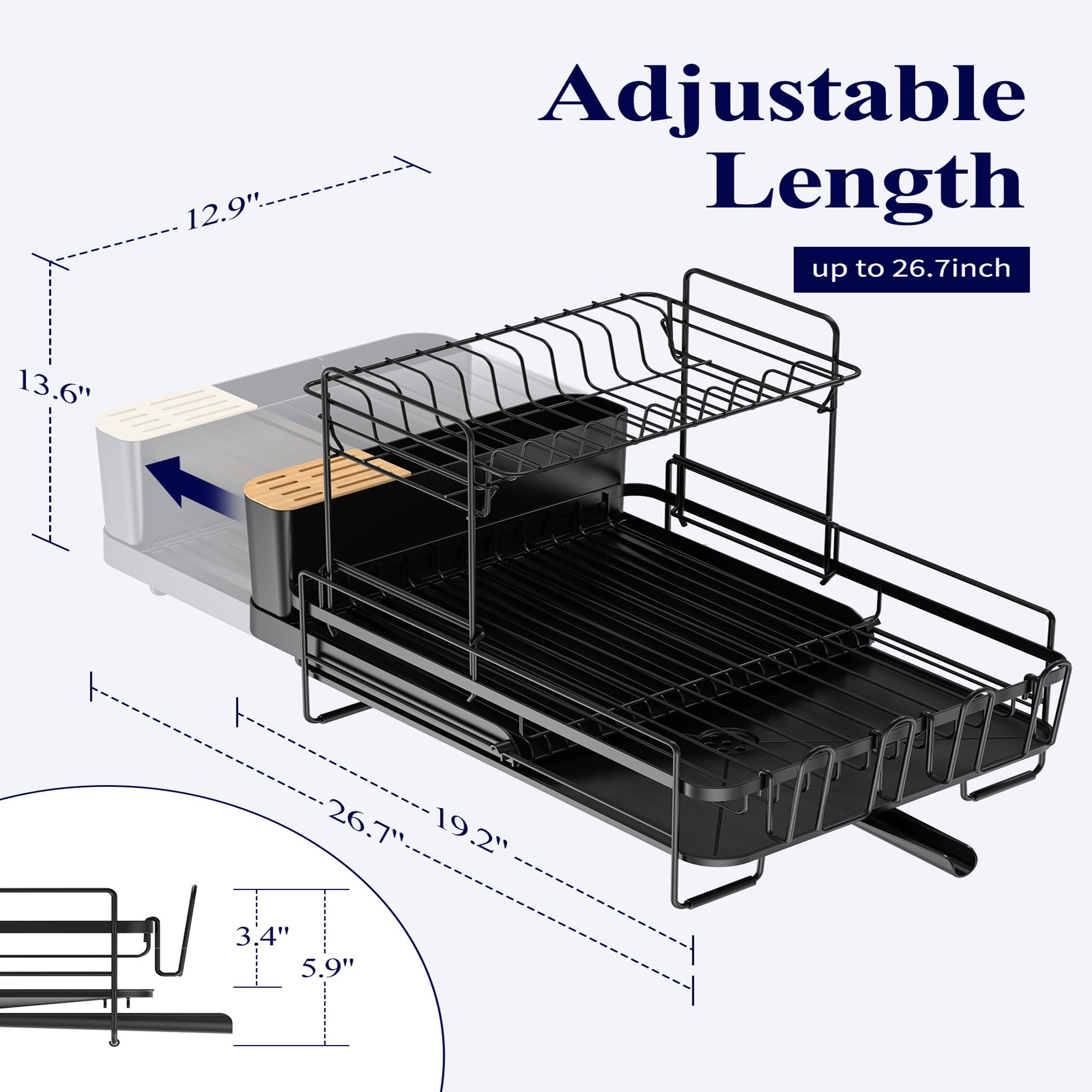 Black Expandable Dish Drying Rack Over Sink, Adjustable Iron Spray Coated Dish Rack with Drainboard, Large Capacity Kitchen Organizer for Plates Bowls Utensils, Space Saving Sink Rack Storage Holder
