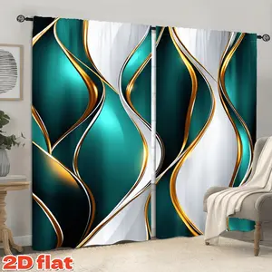 2D Flat 2Pcs Abstract Teal Gold Swirl Pattern Curtain Panel, Rod Pocket Style, Semi Sunshade, Suitable For Home Living Room, Bedroom, Balcony, Kitchen, Study And Shower Window Decoration, Christmas Gift, Anti Privacy, Home Textile