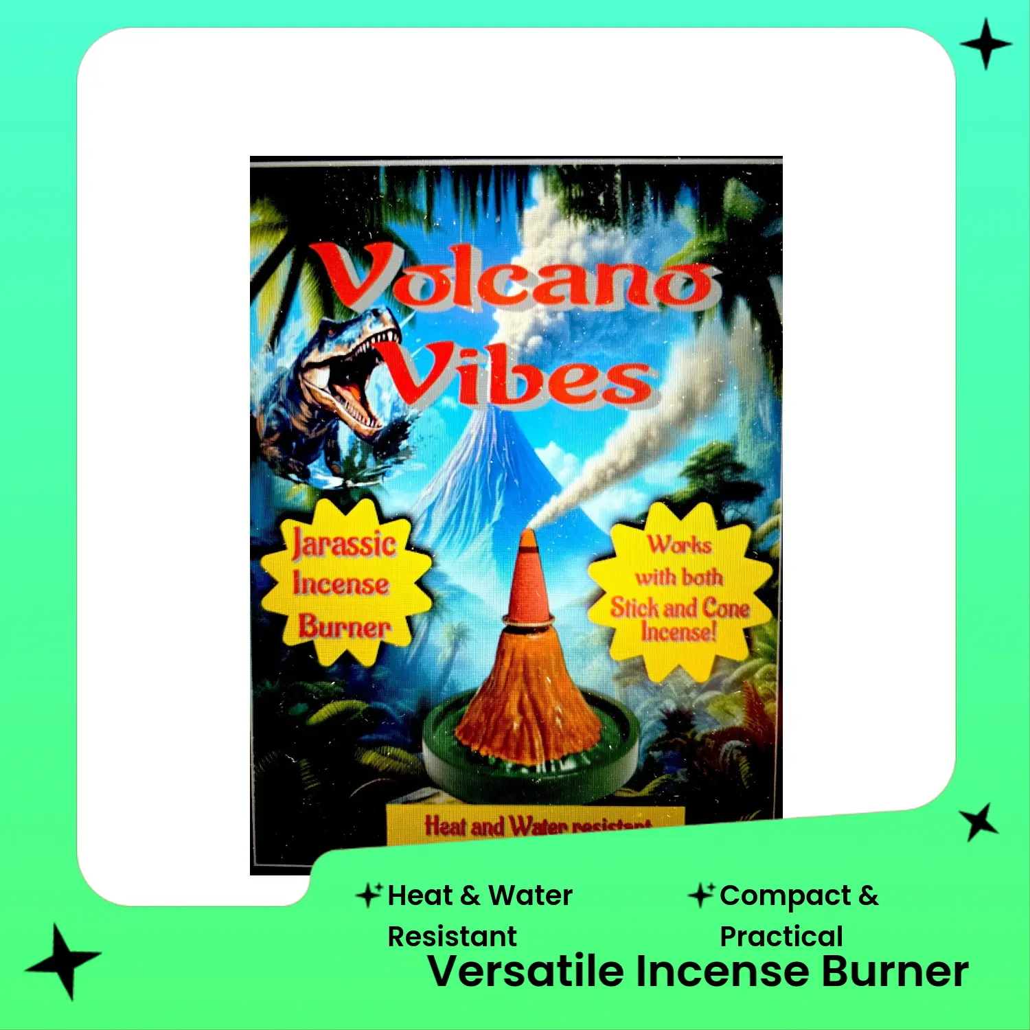 Volcano Jurassic Jar Incense Diffuser - Heat-Proof, Water-Resistant, Sealed for Durability, Dual-Use Room Aroma Freshener Compatible with Stick & Cone Incense, Includes 10 Free Dragon’s Blood Scent Cones