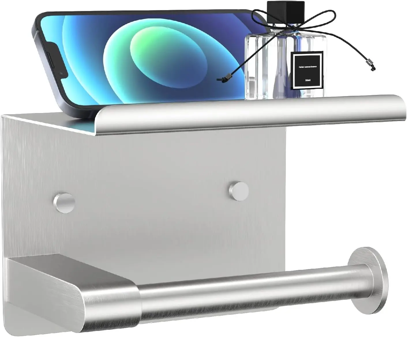 Wall Mounted Toilet Roll Holder with with Phone Shelf Punch-Free Paper Dispenser and Storage Organizer for Bathroom