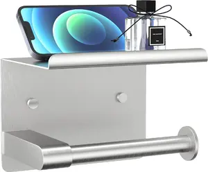 Wall Mounted Toilet Roll Holder with with Phone Shelf Punch-Free Paper Dispenser and Storage Organizer for Bathroom