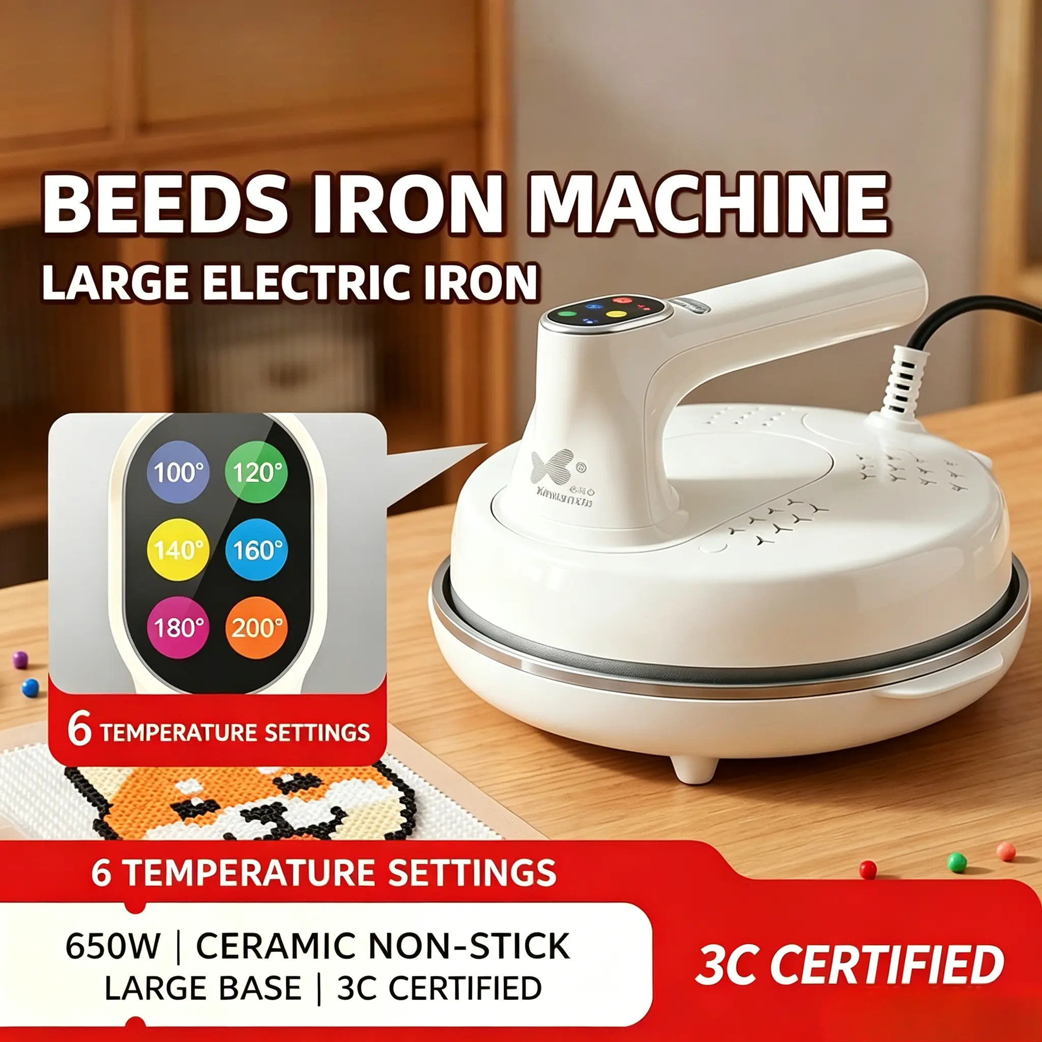 Electric Fuse Beads Heat Press Machine, 650W 6-Temperature-Setting (100-200°C) Adjustable Craft Iron for Perler Beads DIY Pixel Art, Ceramic Non-Stick Large Base for Classroom Handmade Projects
