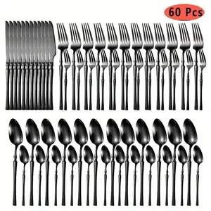 60pcs Black Stainless Steel Cutlery Set Premium Mirror Polished Rustproof Durable Small Waist Handles Comfortable Fork Knife Spoon Home Party Restaurant Dishwasher Safe Kitchen Set Cutlery