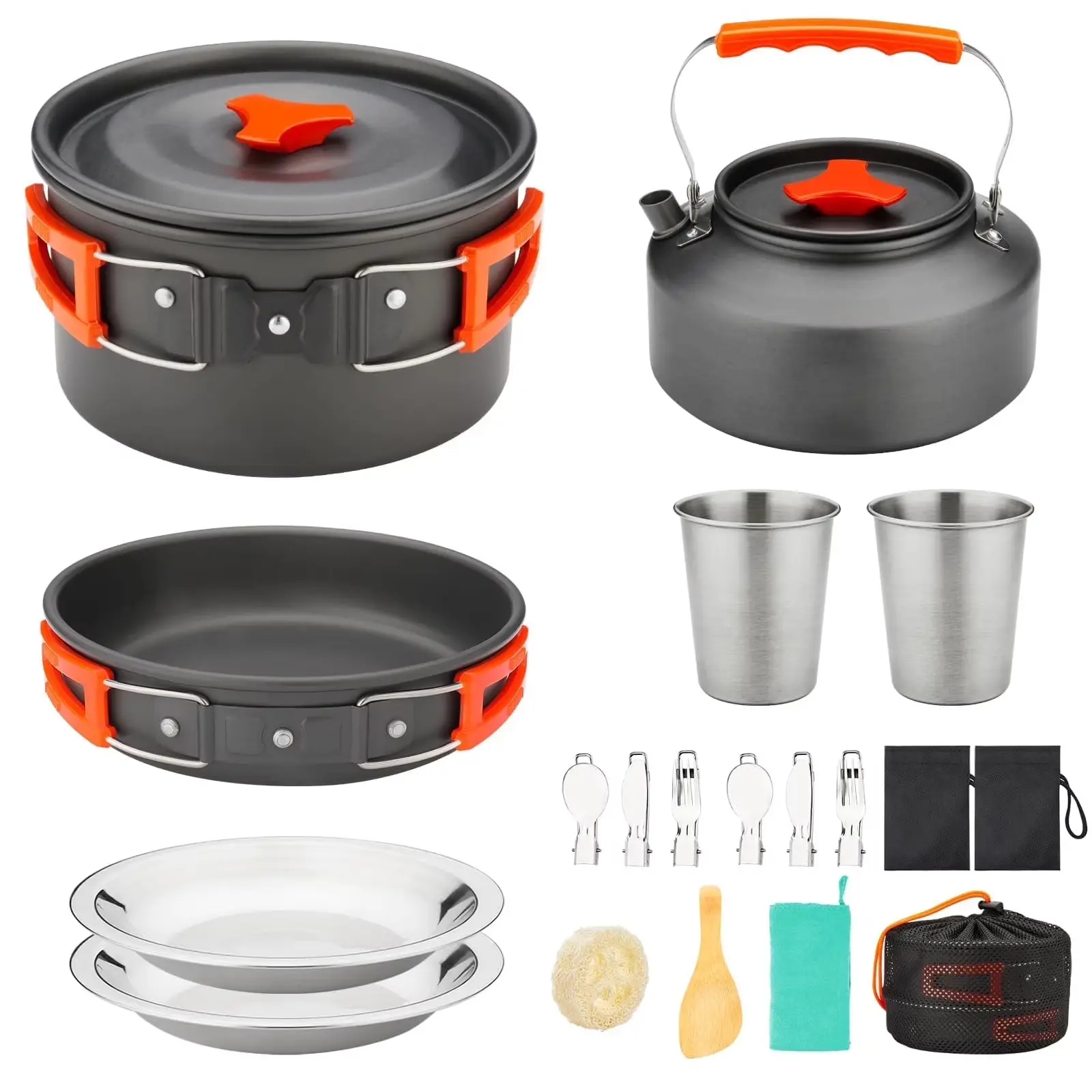 16pcs Camping Cookware Mess Kit, Non-Stick Lightweight Pot Pan Kettle Set with Stainless Steel Cups Plates Forks Knives Spoons for Camping, Outdoor Cooking and Picnic