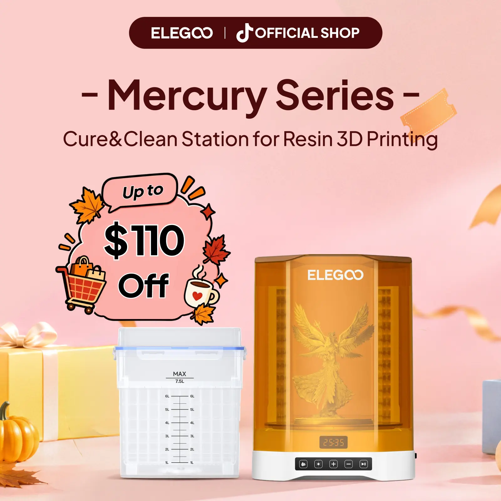 ELEGOO Mercury V3.0 Plus Cure & Clean Station, 7.5 L Large Capacity, 9.05"×5.31"×10.24" Washing Size, Compatible with Mars Saturn Photon Halot LCD/DLP SLA 3D Printers, Printer Accessories, Pom Bearing,back to school,back to school haul