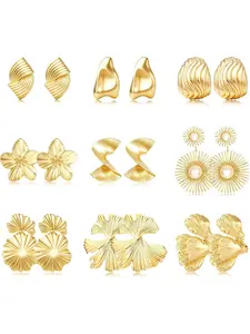 9 Pairs of Golden Clip-On Earrings (Women's Style) — Bridal Leaf Flower Clip-On Earrings Bridal Jewelry Dangle Earrings
