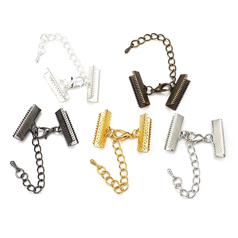 10 Sets Ribbon Leather Cord End Fastener Clasps With Chains Lobster Clasps Connectors For Bracelet Diy Jewelry Making Findings