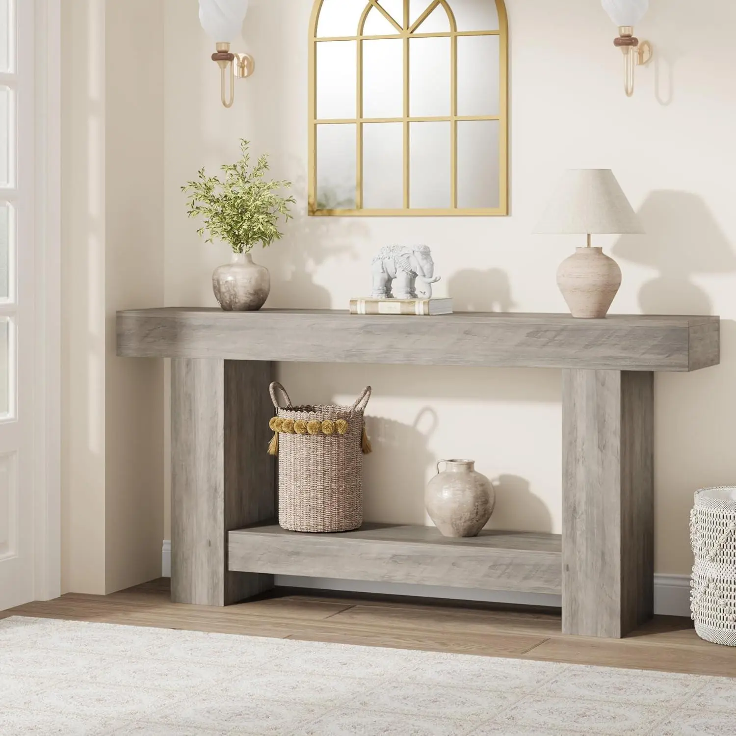 Gaomon Rustic Wooden Console Table - 160cm Large Size Outdoor Entryway Piece, 1-PB Grain Texture Wood Frame, 2-Tier Storage Organizer, Thick Base, Easy Setup & Cleaning, 47.3x24.2x31.5in Rectangle Furniture