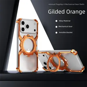 High-End Gear Design 360-Degree Rotatable Magnetic Stand Metal Phone Case For iPhone 17 Air 16 E 15 14 13 Pro Max Plus Four Corners Silicone Protection Luminous Letters Frameless Aluminum Alloy Cellphone Protective Cover