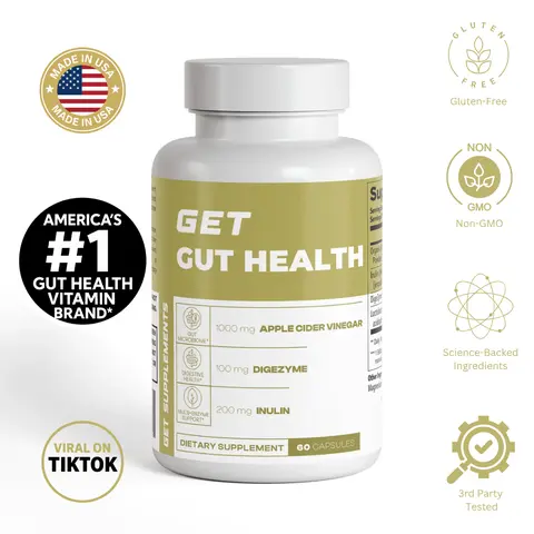 GET Gut Health - 1000mg Apple Cider Vinegar, 200mg Inulin, 60 Capsules, Gluten-Free, Non-GMO, Made in USA, Healthcare Supplement for Digestive Support