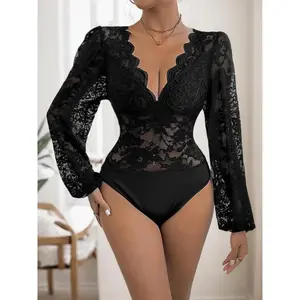 Women’s solid-color sheer lace deep V-neck jumpsuit, sexy scalloped-trim bishop-sleeve jumpsuit, suitable for everyday wear, all-season women’s clothing GARMENTARY
