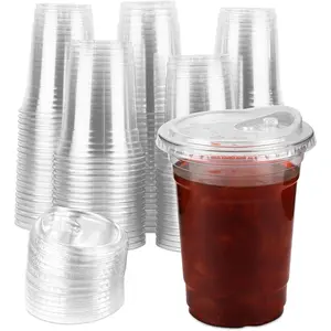 100 Sets 16 Oz Plastic Cups with Lids, Iced Coffee Cups with Lids, Strawless Sip-Lids Design, No Need for Straws, Durable PET Go On Plastic Cups