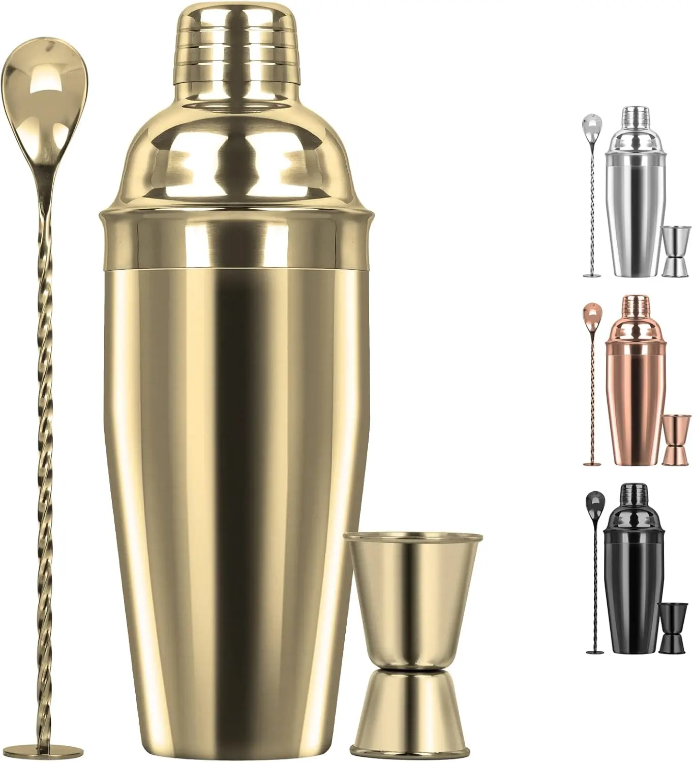 Large 24oz Cocktail Shaker Set, Stainless Steel 18/8 Martini Mixer Shaker with Built-in Strainer, Measuring Jigger & Mixing Spoon, Martini Shaker Set, Perfect for Bartender and Home Use, Gold
