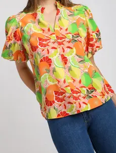 UMGEE SMOCKED V-NOTCHED FRUIT PRINT ELBOW LENGTH PUFF SLEEVE TOP