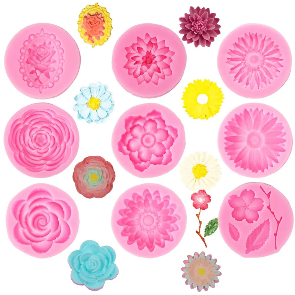 9-Pcs Silicone Flowers Fondant Molds - Easy Release Silicone Freezer Molds for Cupcake Decorating, Dessert Decorating, Jewelry Making (Kitchen Fixture Accessory)