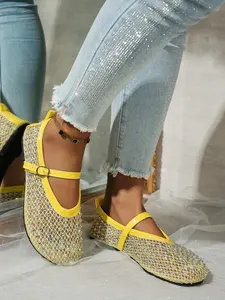 Women's Round Toe Nude Mary Jane Style Flat Shoes, Rhinestone Mesh Design, Adjustable Buckle, Comfortable Footwear, Ideal for Commute and Dates
