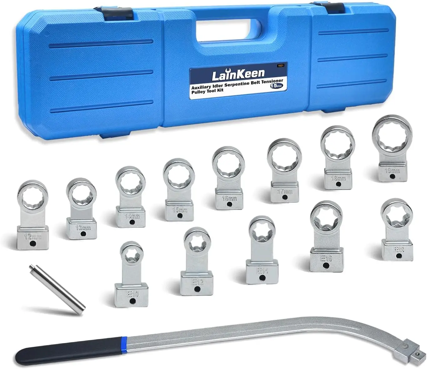 15PCS Auxiliary Idler Belt Tensioner Pulley Tool Kit Serpentine Timing Belt Wrench Removal Tool Set Engine Timing Curved Belt Tensioning Remover Installer 12 Point Sockets