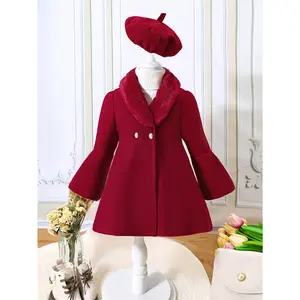 Girls' Winter Coat, Faux Fur Trim & Beret Hat, Black Tweed Overcoat with Lapel Collar, Button Front, Long Sleeves, Regular Fit, Solid Color, Classic Winter Style, Durable Winter Wear, Perfect Fall/Winter Fashion, Winter Outerwear