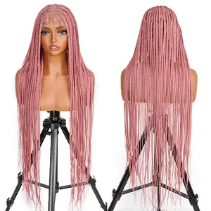 Valentine Musts SuperNova Pink 36'' Full Lace Synthetic Box Braided Wig - Handmade Lightweight, Tangle-Free, Beginner-Friendly, Glueless, Full Lace Area, Medium Size with Adjustable Straps FallFreshness