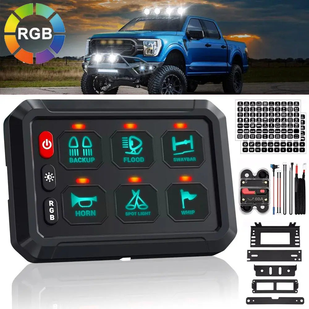 VASTFIRE 12/8/6-Gang Switch Panel with Automatic Dimmable RGB Backlight, Strobe Function, Momentary Function, Universal Circuit Control Relay System Box for Trucks, Cars with Ambient Lights