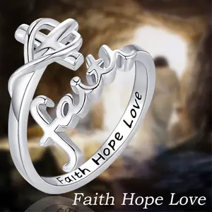 1Pc Creative Elegant Faith Love Cross Open Ring Exquisite Women's Couple Prayer Blessing Jewelry Accessories Suitable for Women, Daughters, Girls Holiday Gifts