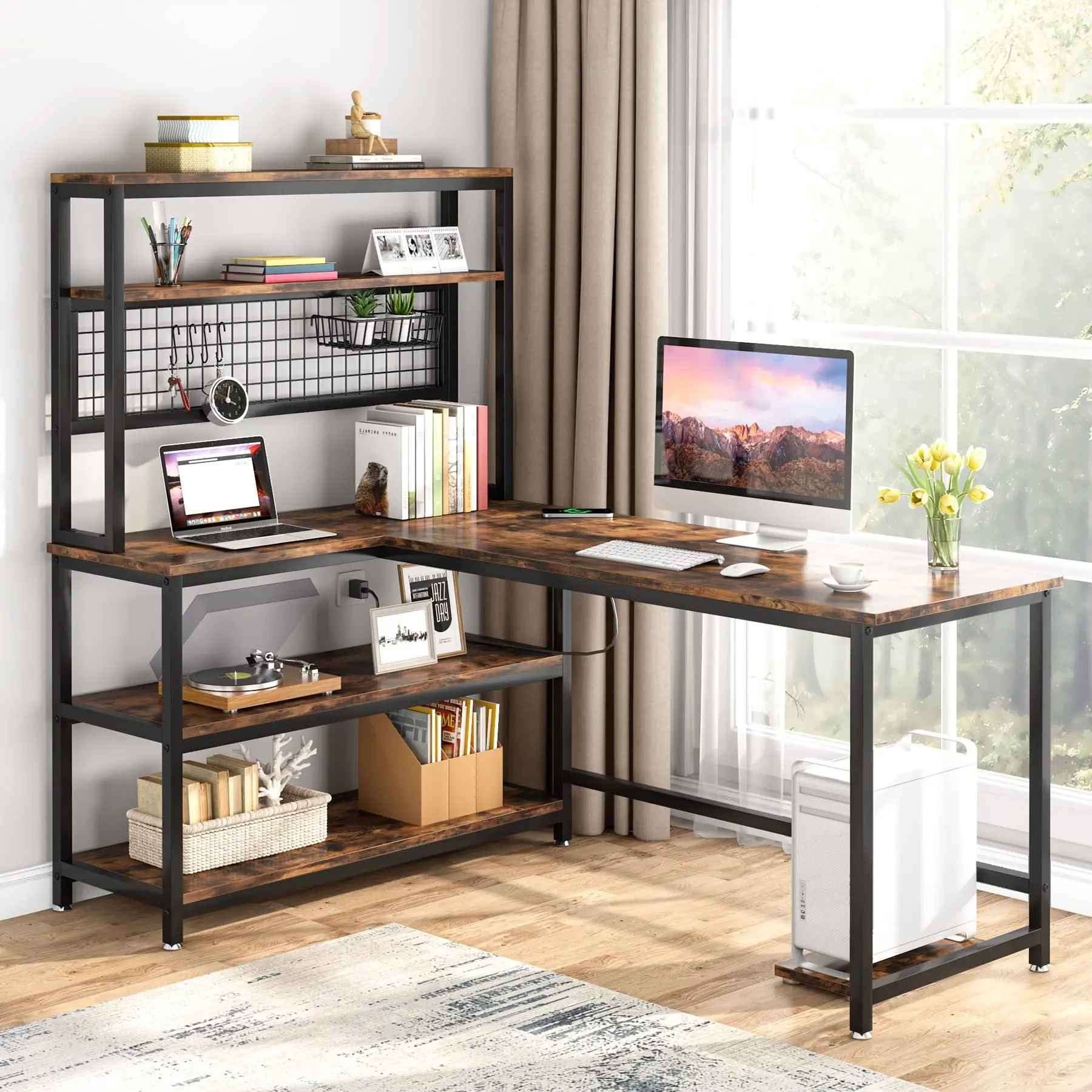 LustreC 55" L-Shape Pedestal Computer Desk with Hutch, Wireless Charging, 5 Shelves and Movable CPU Stand - Home Office Workstation