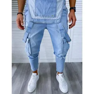 Men’s slim-fit ripped distressed denim overalls/dungarees with bib front, strap design — stylish solid color streetwear casual menswear