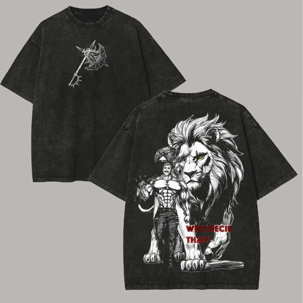 Men's The 7 Deadly Sins Escanor Lion Sin Of Pride Oversized Graphic Tee - Acid Wash Shirt, Loose-Fit, Distressed Edge, Front/Back Art, Heavy Cotton, Unisex Anime Manga Tiktok Find, Dark Aesthetic Y2K Streetwear Gym Pump Cover