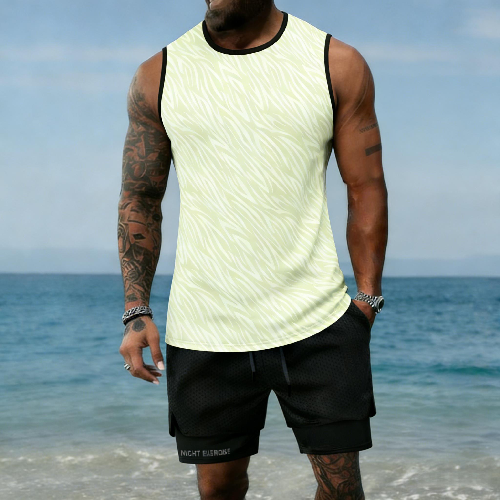 Men’s printed tank top and shorts set, regular fit casual quick-dry sweat-wicking breathable sleeveless top with shorts combo, summer men’s apparel set