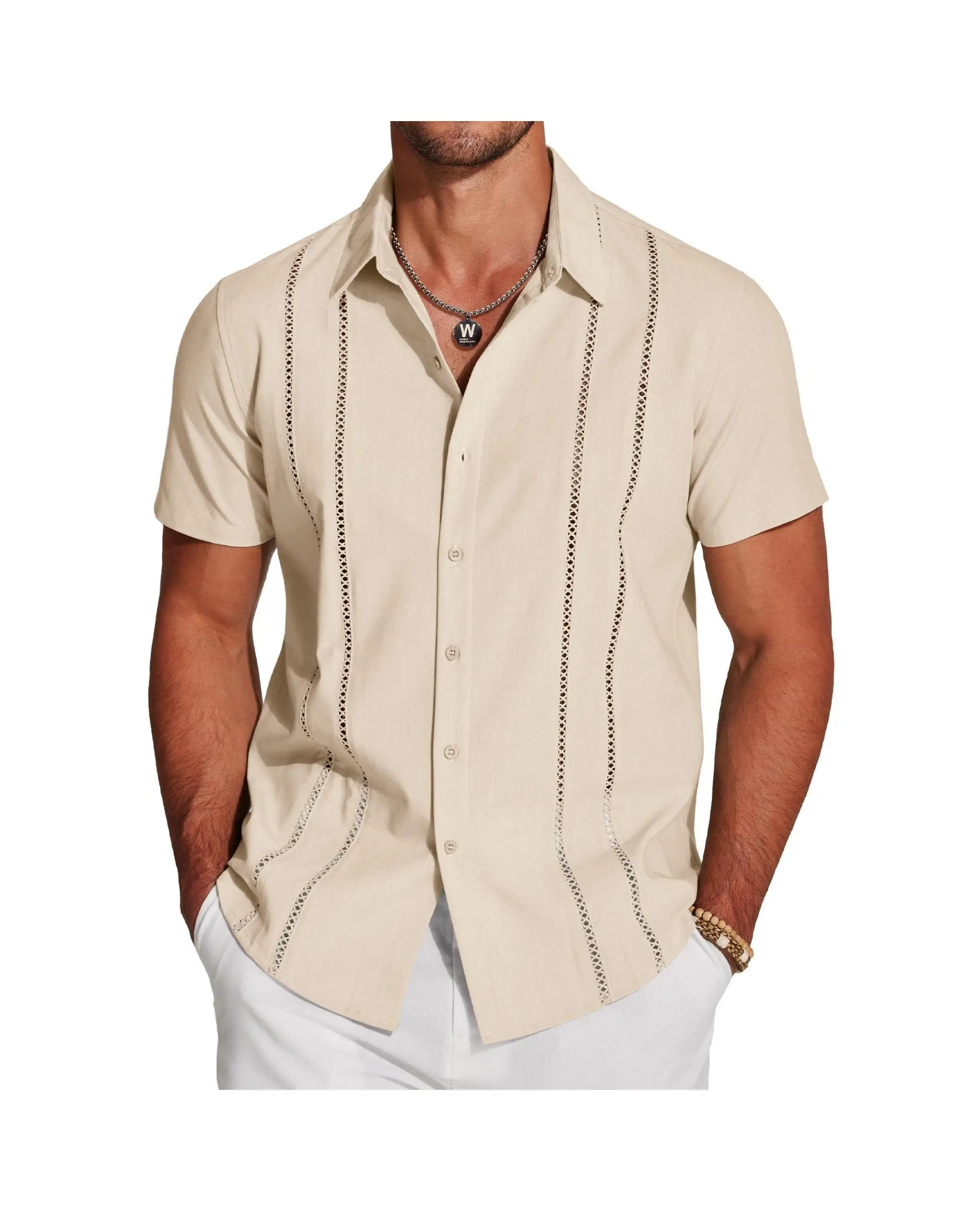 COOFANDY Men's Cuban Guayabera Shirt Short Sleeve V-Neck Button Down Casual Summer Beach Linen Top Fitted Breathable Soft Fabric